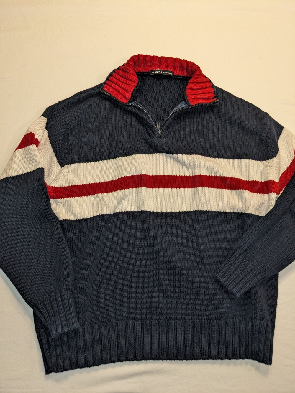 Brandy Melville Navy Zip-Up Sweater with Red & White Stripes